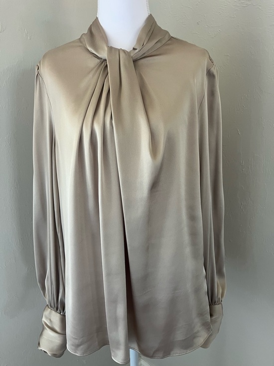 White House Black Market Taupe/Beige Tie-Neck Blouse - Picture 3 of 10